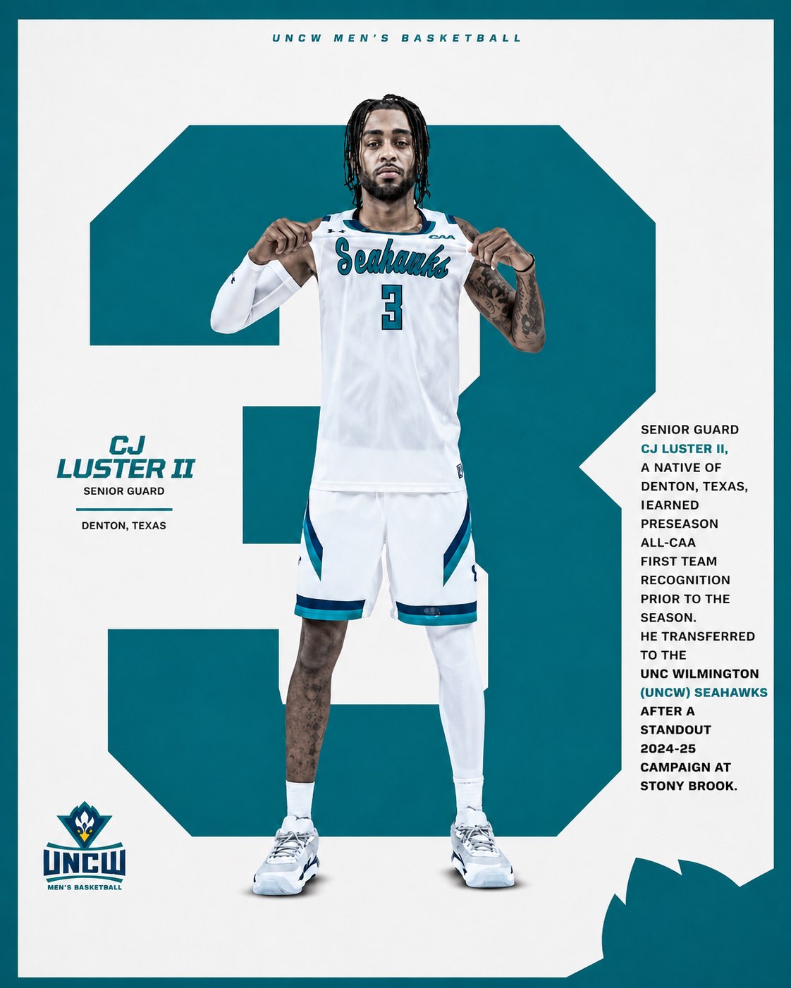 CJ Luster II UNCW preseason All-CAA First Team recognition graphic