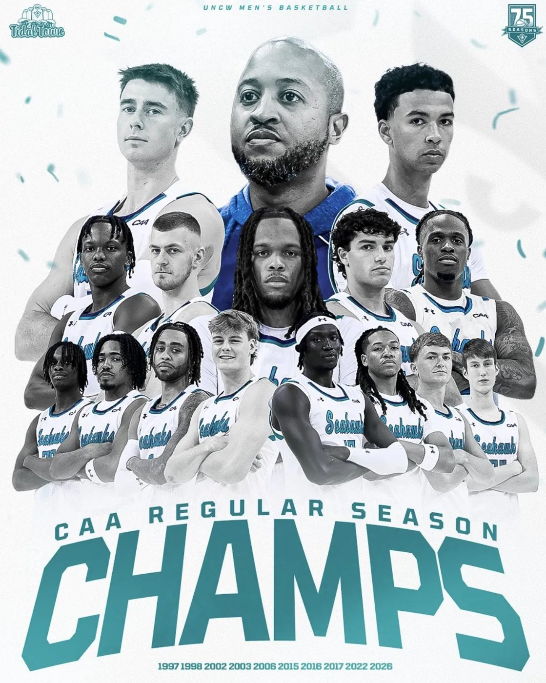CAA champions graphic featuring CJ Luster II and teammates